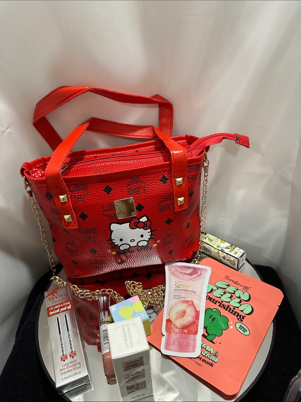 Hello Kitty Red Mini Tote with Gold Chain NWOT and make up bundle